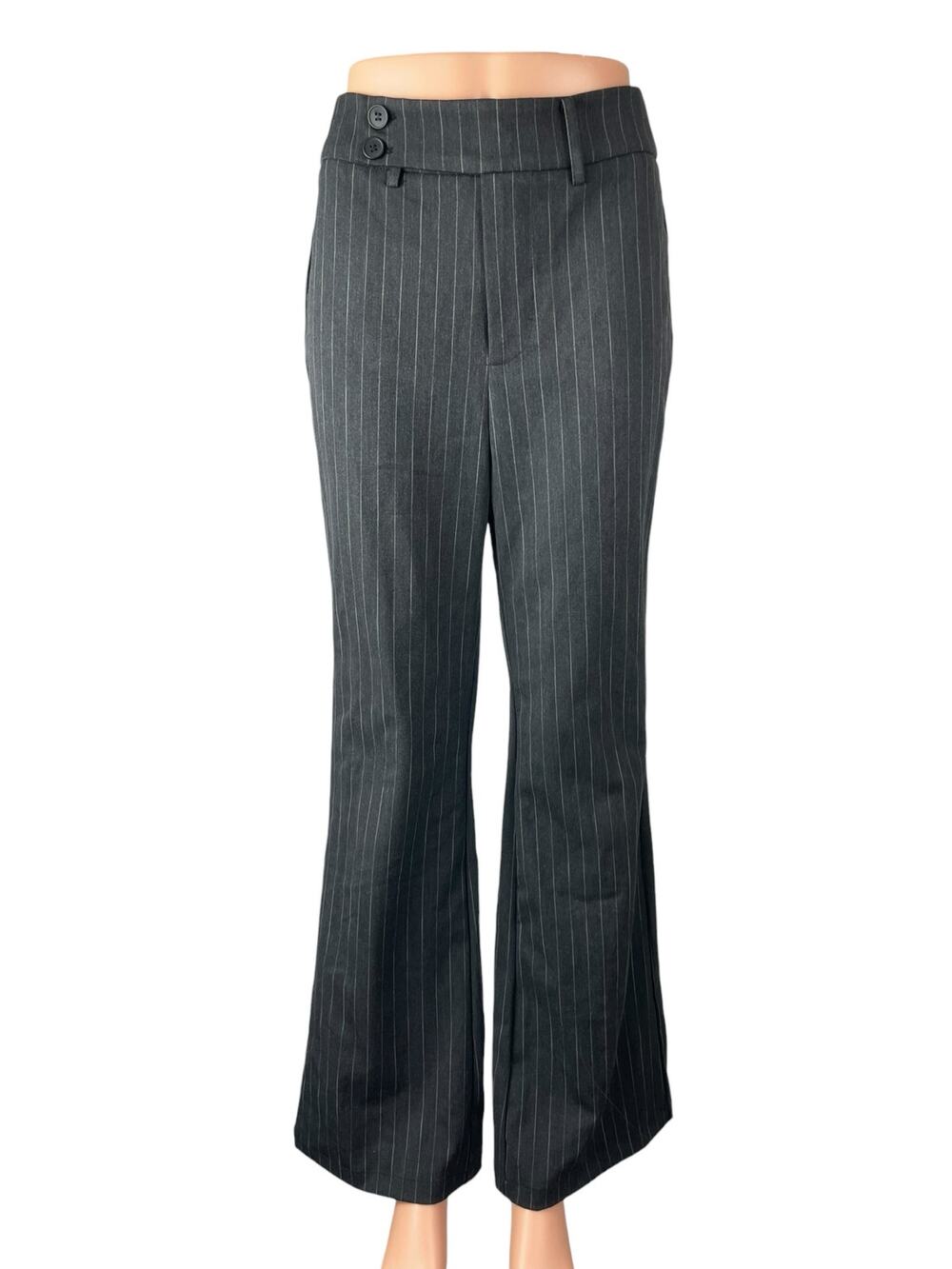 Commense Womens Black Pinstriped High Rise Flared Bootcut Trousers Pants Size XS